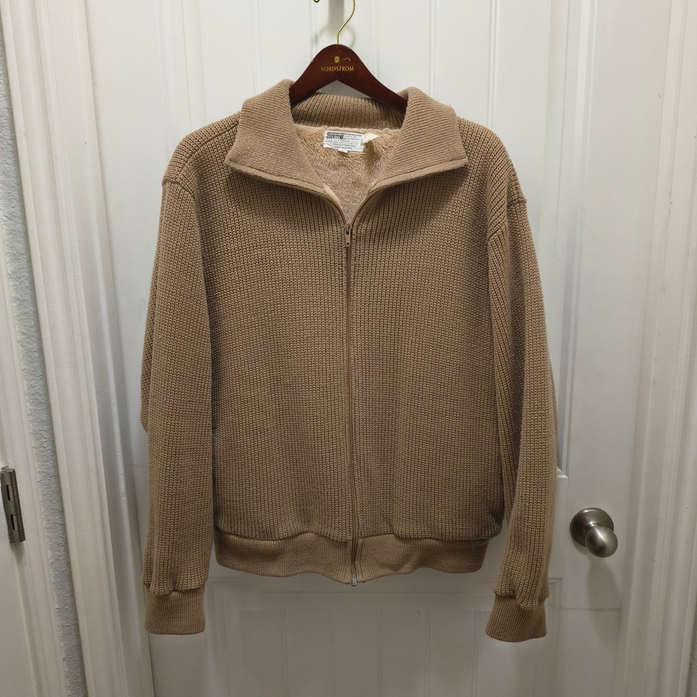 Vintage Montgomery Ward Tan Full Zip Faux Fur Lined Shaker Knit Sweater Mens XL‎
